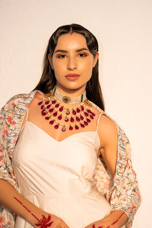 Ivory Printed And Embroidered Jumpsuit with Cape image 5