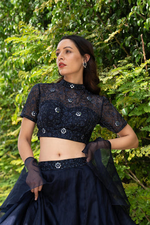 Navy Blue Maheem Organza Lehenga image 2