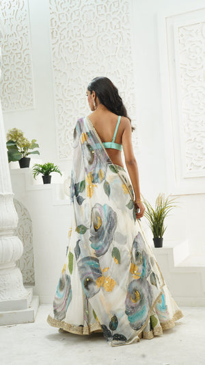 Ivory hand painted lehenga and Mint bralette blouse set image 2