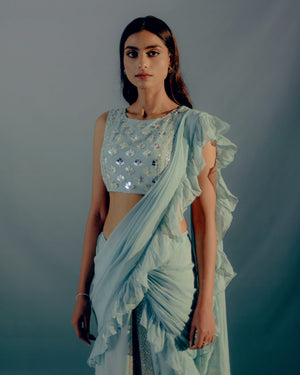 Baby Blue Feather Details Saree Set image 1