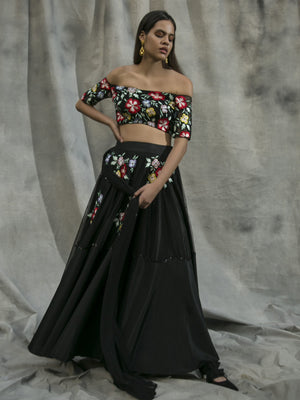 Black Floral Embroidered Off Shoulder Blouse with Lehenga Set image 0
