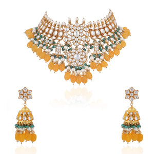 Yellow Beads And Sea Green Jadtar Necklace image 0