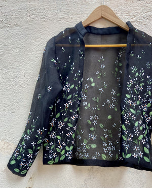 Black Raw Silk Lehenga Set with Handprinted Jacket image 4