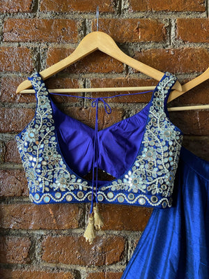 Royal Blue Raw Silk Mirror Work Lehenga Set image 2