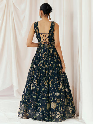 Navy Blue Printed Embroidered Gown image 1