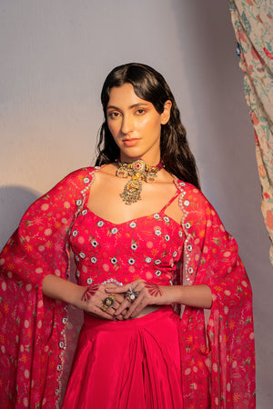 Hot Pink Printed And Embroidered Cape & Skirt Set image 5