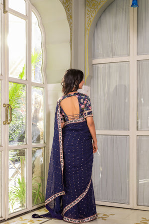 Navy Blue Embroidered Saree Set image 4