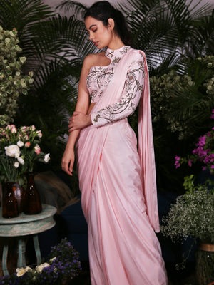 Pre-Draped Pink Saree with In-Cut Shoulder Blouse - M image