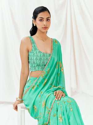 Turquoise Printed Embroidered Drape Saree Set image 4