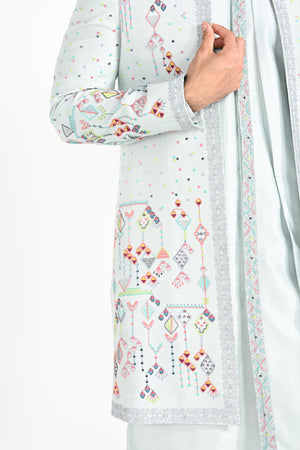 Ice Blue Multicoloured Geometric Motif Achkan Set image 2