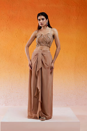 Caramel Brown Embroidered Drape Skirt Set with Cape - S image