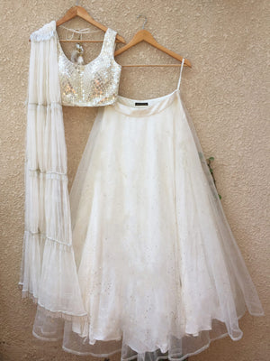 White Lehenga with White Chiffon Fringe Dupatta - S image