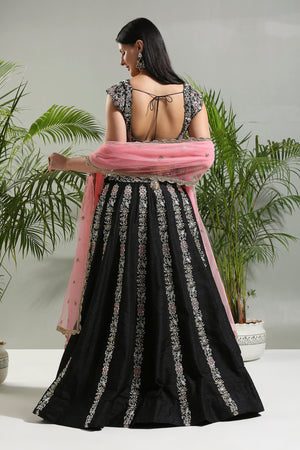 Black and Pink Thread and Mirror Hand Embroidered Lehenga Set image 4