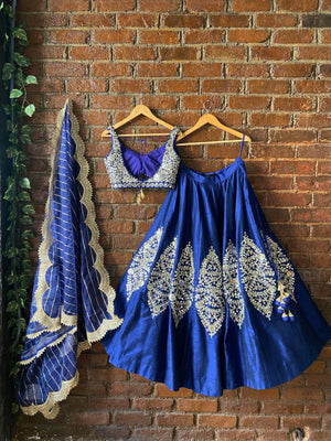 Royal Blue Raw Silk Mirror Work Lehenga Set image 3