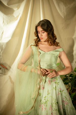 Sky Blue Floral Organza Lehenga Set image 2