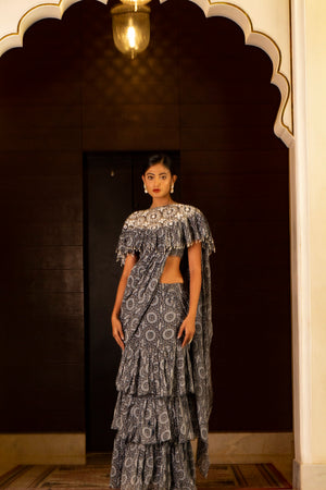 Blue Printed Skirt Saree Set image 4