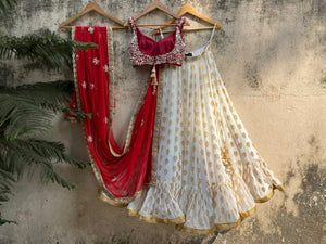 Ivory and Red Ruffle Lehenga Set image 4
