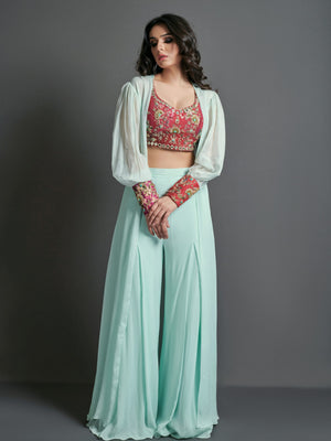 Sea Green and Crimson Red Flare Pant Set - L image