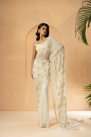 Ivory Sequin Drape Saree - Custom image