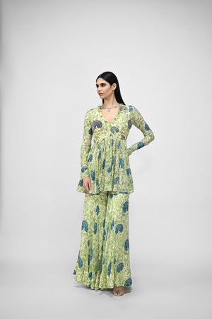 PEACOCK HIGHLITED PEPLUM KURTA PAIRED WITH PEACOCK SHARARA PANTS image 2