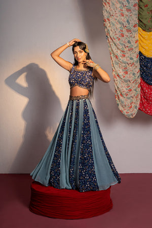 Royal Blue Printed and Embroidered Lehenga Set - S image