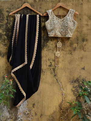 Black Georgette Saree with Pearl and Mirror Work Blouse image 1