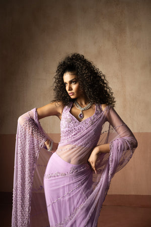 Pre Draped Lavender Hand Embroidered Net & Georgette Saree image 2