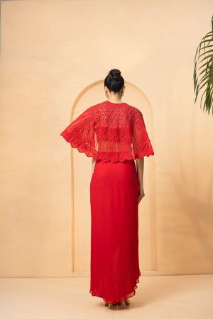 Red Embellished Cape and Dhoti Skirt Co-ord Set image 4