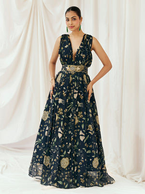 Navy Blue Printed Embroidered Gown image 3
