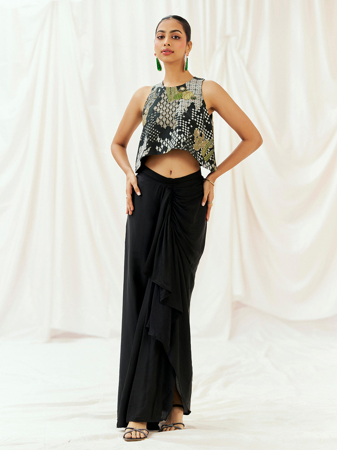 Black Printed Embroidered Drape Skirt Set image 1