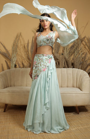 Pastel Blue Embroidered Fusion Lehenga Set image 3