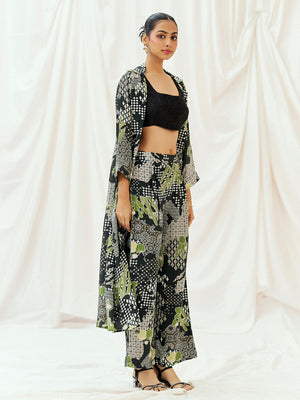 Black Printed Embroidered Jacket Pants Co-od Set with Blouse image 1