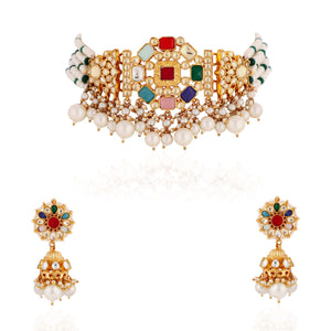 Gold Finish Jadtar Choker Set With Jhumki image 0
