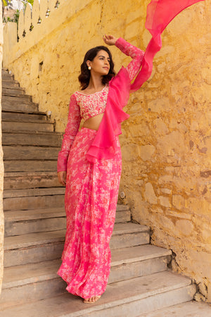 Pink Floral Embroidered Georgette Saree image 2