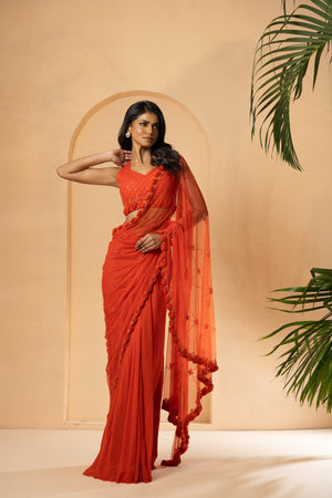Orange Embroidered Drape Saree - L image