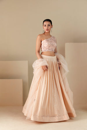 Peach Georgette One Shoulder Lehenga Set image 4