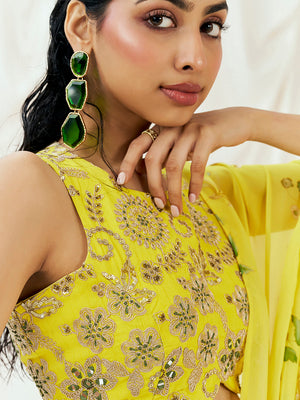 Bright Yellow Printed Embroidered Drape Saree Set image 5