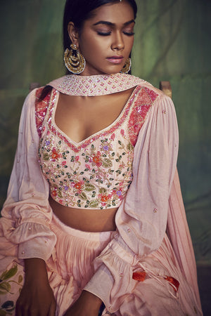 Hand Painted Peach Floral Lehenga image 2