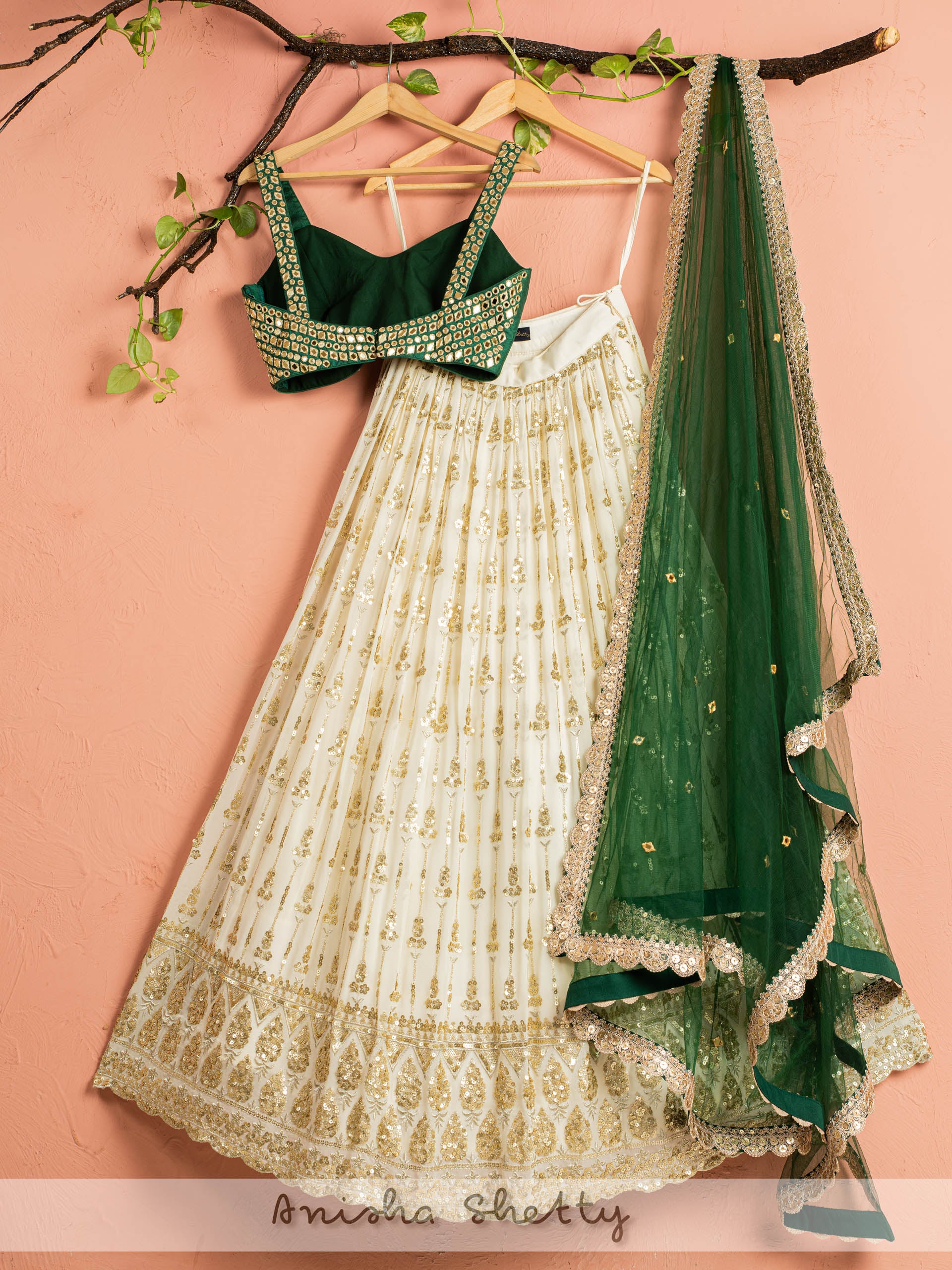 Ivory and Green Mirror Lehenga Set image 1