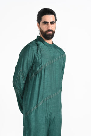 Bottle Green Jhaal Work Nehru with Zari Stitchline Detail Kurta Set image 11