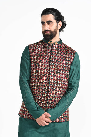 Bottle Green Jhaal Work Nehru with Zari Stitchline Detail Kurta Set image 2