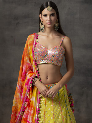 Yellow Lehenga with Rainbow Mirror Work Choli image 3