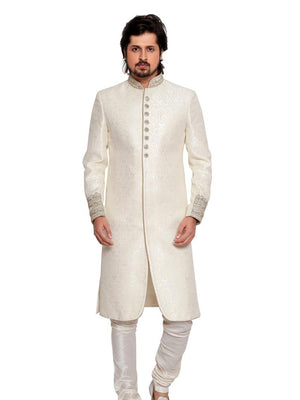 White Sherwani Set with Embroidered Buttons - L image