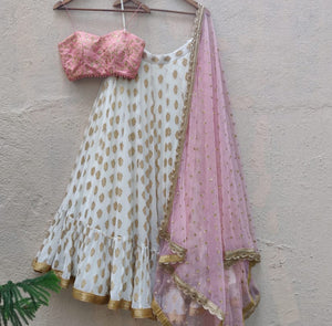 Ivory and Pink Butti Lehenga Set - S image
