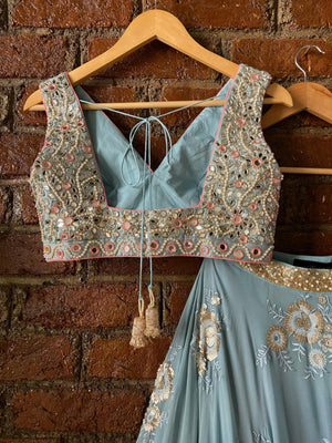 Dusty Blue and Blush Pink Mirror Work Lehenga Set Gown image 1