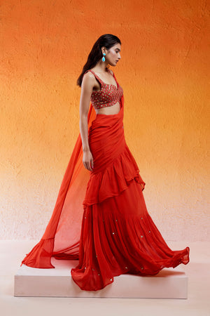 Scarlet Red Embroidered Saree Set image 3