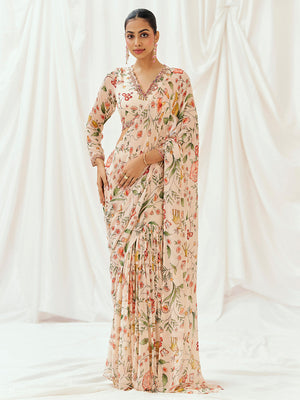 Floral White Printed Embroidered Drape Saree Set - M image