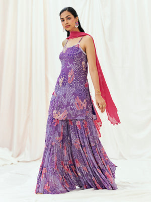 Violet Printed Embroidered Sharara Suit Set with Dupatta image 2