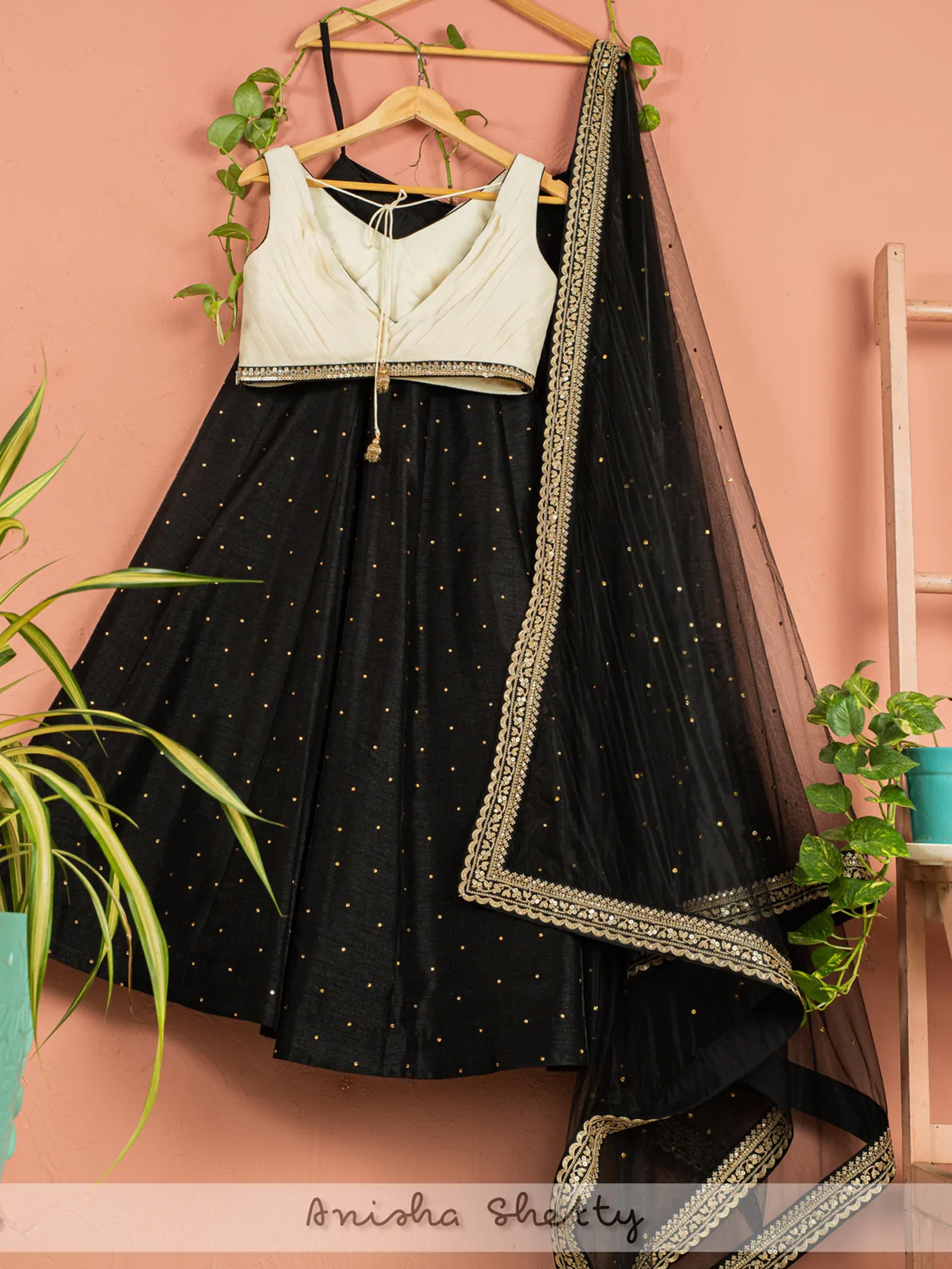 Charcoal Black Shimmer Lehenga Set With Ivory Blouse image 1