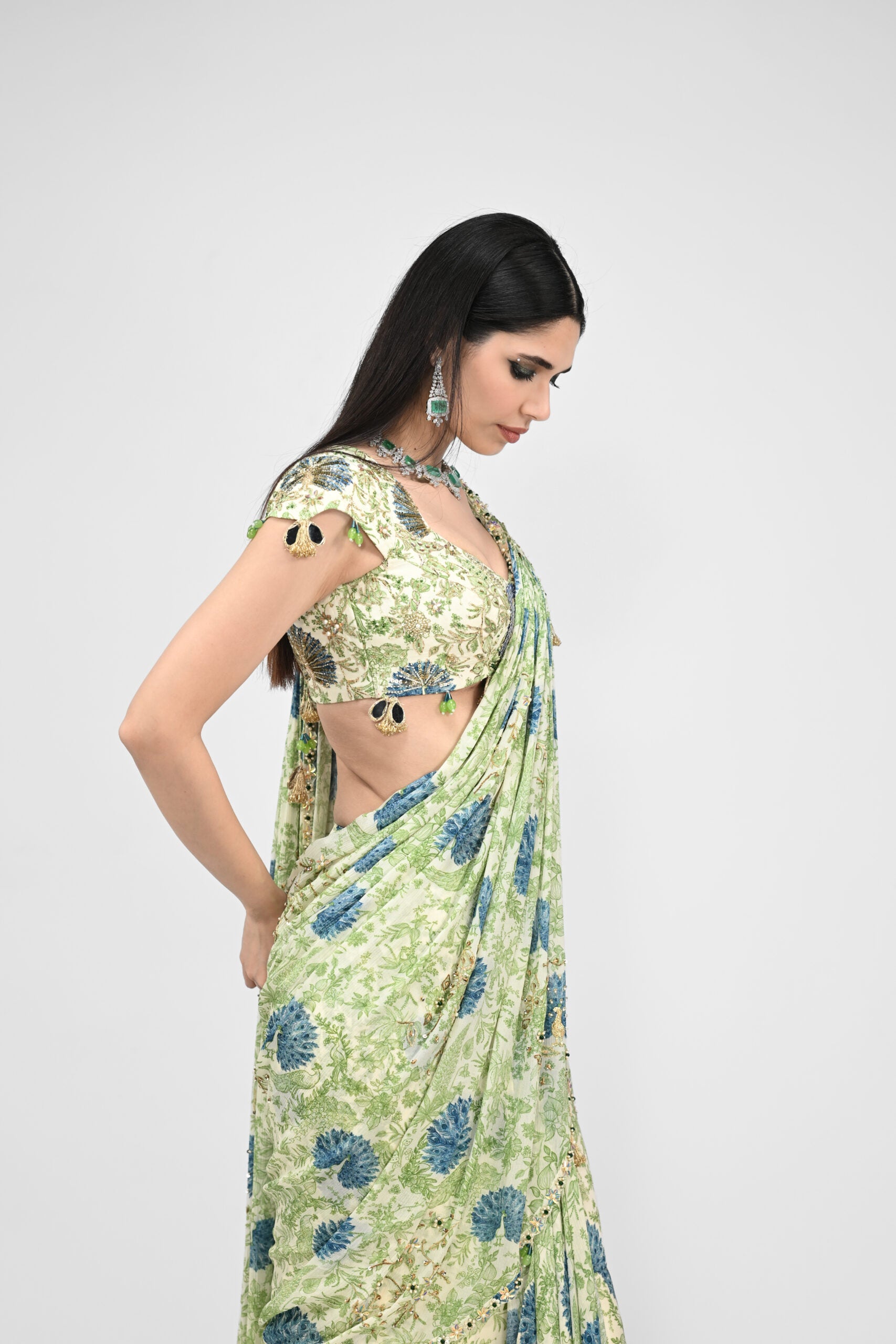 Highlighted Pre Stitched Peacock Saree Paired with Printed Highlighted Peacock Blouse image 1